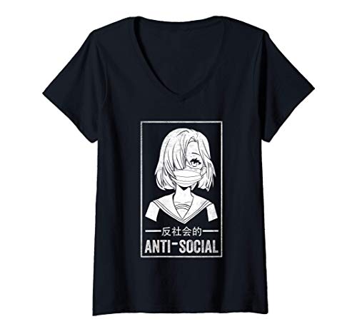 Mujer Funny Anti Social Japanese Text Aesthetic Vaporwave Anime Camiseta Cuello V