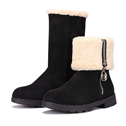 MUYGUAY Girls Winter Snow Boots Suede Fold Mid-Calf Fur Lined Warm Zipper Boots for Toddler/Little Kid/Big Kid Black