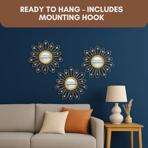 Image of Metal Sunflower Mirror Wall Decor with Crystals | Decorative Mirror Wall Mounted Mirror Wall Decor for Living Room Beautiful Modern Designer | Hanging Mirror Sculpture Set of 3 (Crystal Golden)