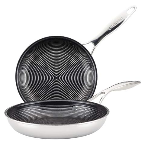 Circulon Clad Stainless Steel Frying Pans/Skillet Set with Hybrid SteelShield and Nonstick Technology, 10 Inch and 8.5 Inch, Silver Cover