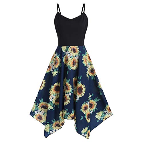 TWGONE Sunflower Dresses for Women Plus Size Asymmetric Camis Handkerchief Swing Tank Dress(Small,Navy)