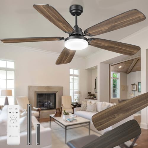 Image of Arecovas 52 inch Large Ceiling Fans with Lights and Remote, Modern Black Ceiling Fan with 5 Wooden Blades for Living Room Patio Bedroom, Quiet 3 CCT Dimmable, 6 Speed
