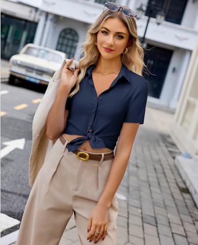 Image of siliteelon Womens Button Down Shirt Slim Fit Stretch Short Sleeve Dress Shirt Wrinkle Free Collared Business Work Blouse Top