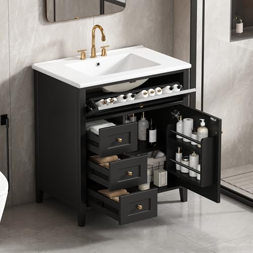 Image of 30 inch Bathroom Vanities with Top Set, Cabinet with Multi-Functional Tip-Out Drawer and Adjustable Shelf, Soft-Closing Door, Solid Wood Legs, Black