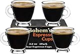 BOHEM'S Espresso Cups, 3.2 oz Small Demitasse Clear Glass Espresso Drinkware, Set of 4, Espresso Shot Glasses, Clear Expresso Coffee Cups, Tazas de Cafe Expreso