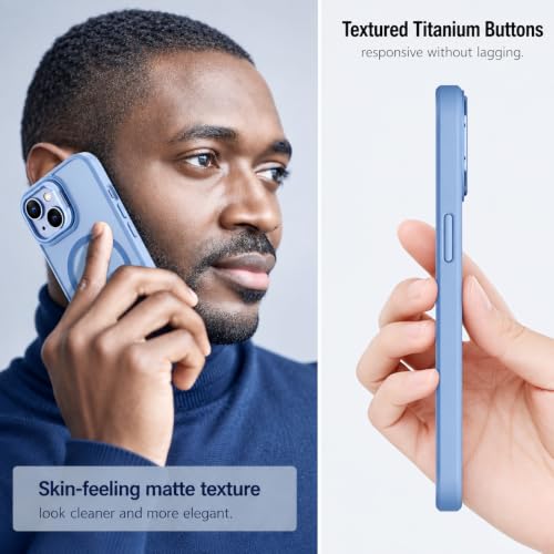 Image of Elzzi Kickstand Case for iPhone 15 Plus Case Compatible with MagSafe, Built-in Adjustable Camera Guard Stand, Translucent Matte Anti-Fingerprint Heavy Duty Shockproof Phone Cover - Official Blue