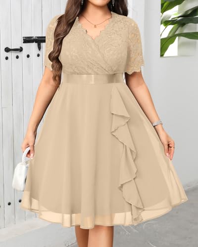 Image of Talisea Plus Size Wedding Guest Dress - Formal Cocktail Party Ruffle Elegant Tea Length Lace Chiffon V Neck Midi Dresses