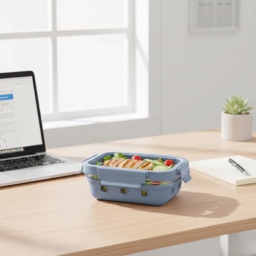 Image of Griplok Glass Lunch Box with Leakproof Lid, Borosilicate Food Storage Container with Silicone Sleeve, Airtight, Microwave /Dishwasher Safe (Glacier Blue, 2x370ml + 1x640ml)