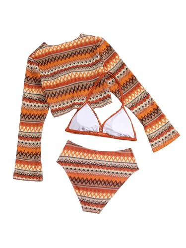 Image of SHENHE Girl's 3 Piece Geometric Swimsuit Halter Triangle High Waisted Bikini Set with Cover Up Orange 16Y