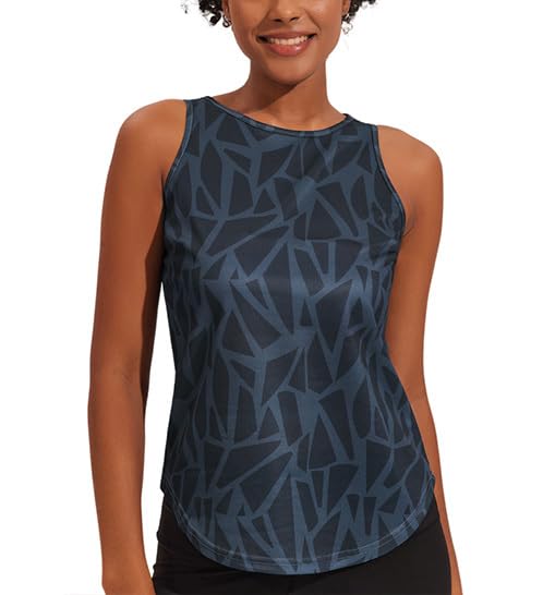 Weardear Damen Sport Tank Top Ärmelloses Fitness Crop Top Yoga Gym Workout Atmungsaktive Muscle Tanktop Geo-Druck Dunkelblau S