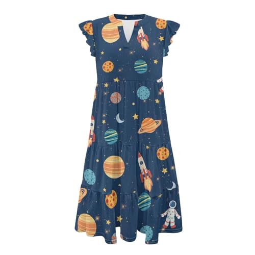 Image of Womens Summer Dress Ruffle Sleeve V Neck Dress Casual Fit Flowy Beach Vacation Sundress with Pocket S-2XL