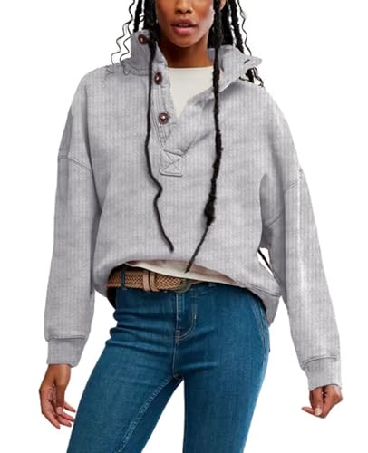 Gnveub Sweatshirt for Women Oversized Henley Neck Long Sleeve Button Pullover Tops Trendy Outfits Clothes(LightGrey,XL) - image 4