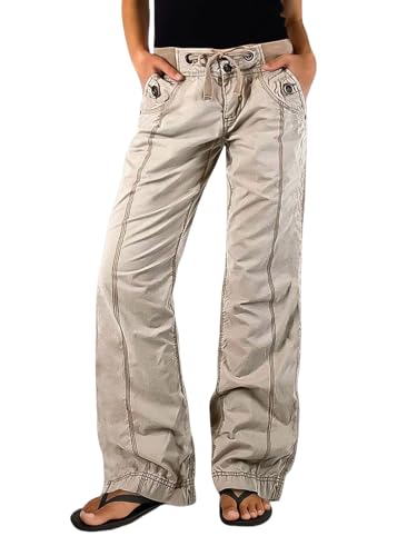 Flamingals Drawstring Cargo Pants for Women Baggy Mid Rise Straight Leg Stitch Detail Casual Pants