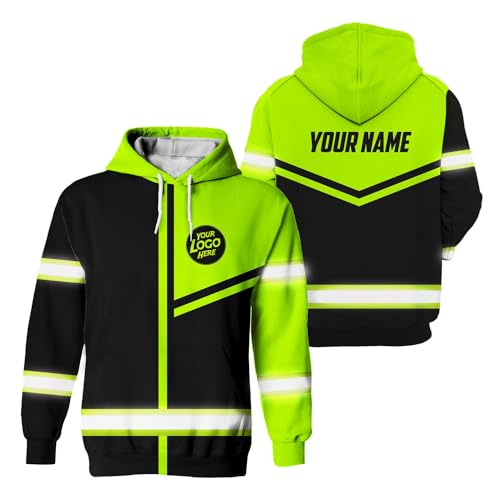 HiVis Custom Company, Group, Team Uniform High Visibility Hoodie for Men Hi Vis Safety Shirt Black Green Neon Customize Logo and Name with Reflective Tapes-S