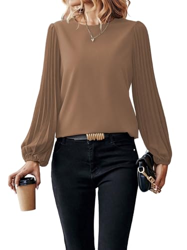 Samefar Plus Size Ladies Tops and Blouses Crewneck Long Sleeve Blouses for Women Business Casual Office Business Womens Work Tops 2025 Clothing Khaki XX-Large