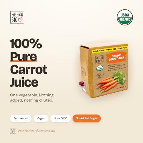 Image of Passion Bio Organic Carrot Juice, Fermented, Bag-in-Box, 101.4 fl oz | 100% pure organic carrot juice . lactic-acid fermented . smooth balanced flavor . no added sugar . vegan . 101.4 fl oz