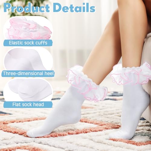 Image of Geyoga 3 Pairs Women Big Ruffle Socks Turn Cuff, Double Lace Ankle Cotton Frilly Socks for Ladies Summer
