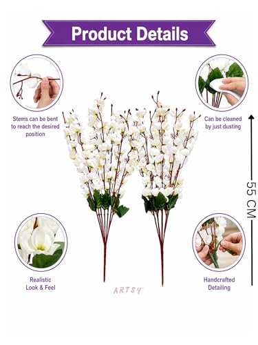 Image of ARTSY Artificial Flowers Bunch for Decoration Cherry Blossom, Ideal for vase, Home, Office Decor, Gifts, Craft, Without vase, White, Combo, 2 Piece, 55 cm Height,Polyester |