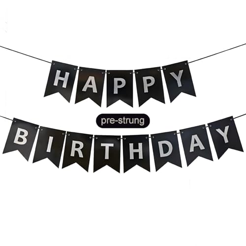 Image of Black Happy Birthday Banner,Pre-Strung Black and Silver Birthday Party Decorations,16ft Hanging Sign for Kids, Girls, Boys, Women - No DIY, Backdrop Supplies