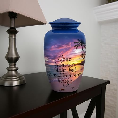 Image of Cremation Urn for Human Ashes Adult - Beach Sunset Printed Funeral Urn for Men & Women, Large Decorative Memorial Urn, Burial Urn with Velvet Bag, 200 Cu /in