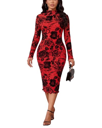 Mojessy Sexy Dresses for Women Date Night Long Sleeve Dress See Through Bodycon Midi Dresses 2 Piece Dress Set Birthday Outfit Red Black M