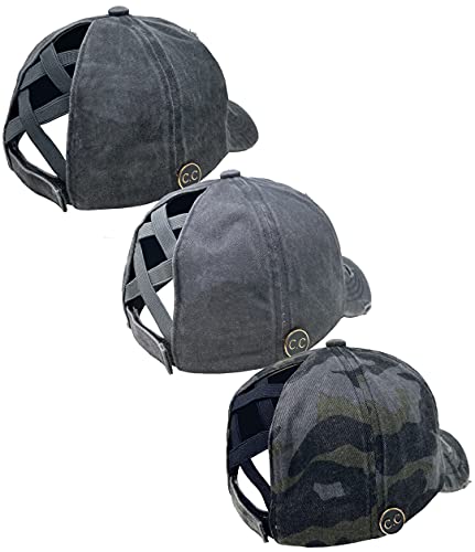 Funky Junque Criss Cross Hat w/Buttons Bundle - Grey, Charcoal & Camo Black (3 Pack)