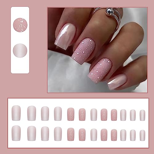 24 Pcs Medium Press on Nails Square Fake Nails Matte Pearlescent Pink False Nails with Sequin Designs Summer Acrylic Nails for Women Nails Decoration