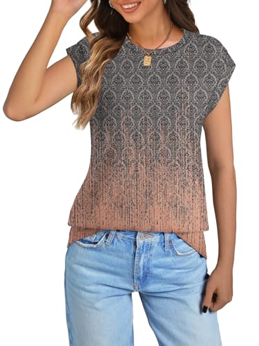 NORACORA Womens Spring Summer Cute Floral Tops Crew Neck Shirts Short Sleeve Tunic Basic Blouses Loose Tops Party Cap Sleeve T Tshirts Grey Pink Gradient S — view 2
