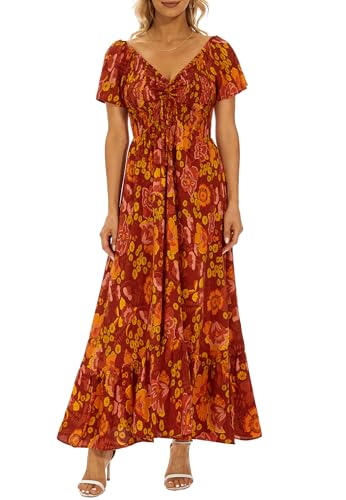 Image of Summer Smocked Boho Maxi Dress for Women 2026 Short Sleeve Floral Smocked Flowy Ruffled Beach Vacation Dresses Lightweight
