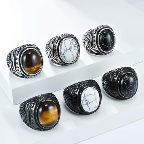 FUTPLOR Retro Tiger Eye Stone Ring Oval Gemstone, Stainless Steel Engraving Vintage Decor Patterns for Men Women Signet Band Rings (Silver, 7, tiger eye stone) by FUTPLOR - Used condition - Image 6