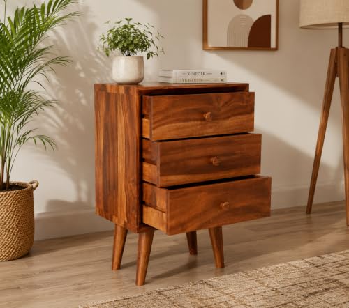 Image of Jangid Handicraft Solid Sheesham Wood Bedside Table for Bedroom | Wooden Bed Side Nightstand End Table with 3 Drawer Storage for Home & Living Room | Sofa Side Table |Rosewood, Honey Finish