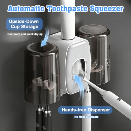 Image of HASTHIP 3-in-1 Toothbrush Holder, with Toothpaste Dispenser& 2 Cups, Toothbrush Holder Wall Mount, Bathroom Organizer with 4 Toothbrush Slots, All inOne Bathroom Wall Organizer Storage Rack