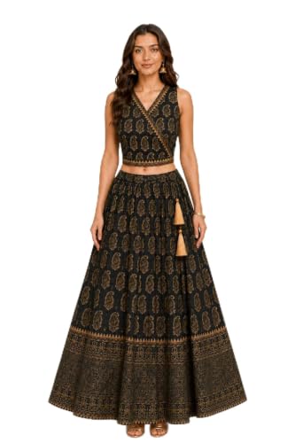 JAIPUR HAND BLOCK Womens Chaniya Choli SLEEVELESS dress GOLD PRIN...