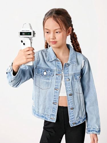 WDIRARA Girl's Ripped Flap Pocket Button Front Long Sleeve Collared Denim Jacket2