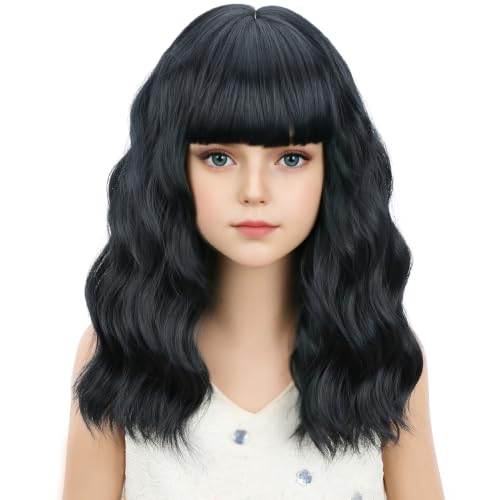 Image of Black Wig Short Black Wavy Curly Bob Wig Black Wig with Bangs Synthetic Wigs for Halloween Party