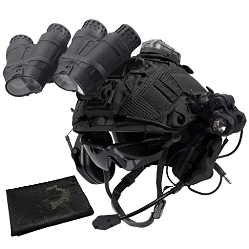 HFUHLK Tactical Airsoft PJ Helmet & Cover Half Mask Headgear & Goggles & Earphone & Battery Bag & NVG L4G24 Dumper Combined for Outdoor Paintball CS Game Shooting,Black