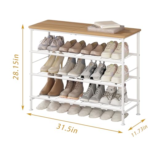 Image of SUOERNUO Shoe Rack Organizer 4 Tier for Closet Entryway Free Standing Metal Storage Shoe Shelf with MDF Top Board (White + Nordic Walnut, 4 Tier)