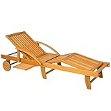 Outsunny Chaise Lounge Chair Outdoor, 4-Level Adjustable Tanning Chair with Wheels, Folding Patio Lounger with Extendable Table, Acacia Wood Outdoor Chaise for Patio Beach, Teak