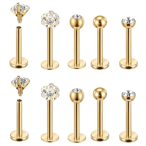 Telooco 5 Pairs Labret Piercing Jewellery 16G Stainless Steel Lip Bar Tragus Stud Cubic Zirconia Flat Back Earrings Internally Threaded Labret Studs Cartilage Earrings Helix Piercing Jewellery Gold