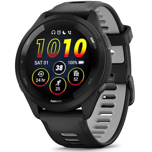 Garmin Forerunner 265 Running GPS Smartwatch, AMOLED Display, 46mm, Black/Powder Gray, 010-02810-00 - Bundle w/Deco Essentials Charging Dock, Dust Cover and Screen Protector