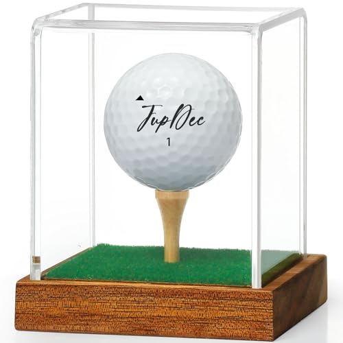 JupDec Golf Ball Display Case Clear Acrylic Memorabilia Stand Cube Holder with Wood Base & Tee, Dust Protection Transparent Storage Box for Single Ball Souvenir Golfball Collections, Brown, 1 Pack