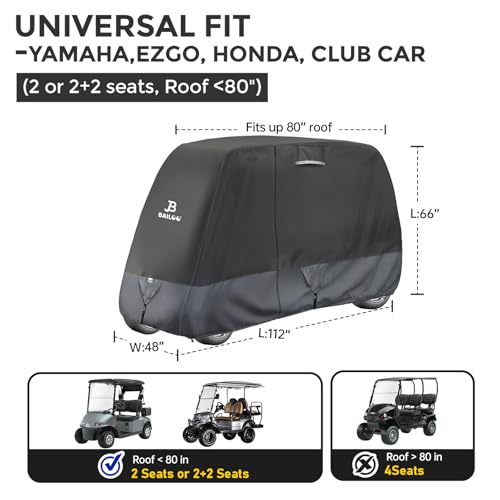 Waterproof Golf Cart Cover, Bailoo Heavy Duty 600D Marine Grade Fabric, Universal Fits for 2/2+2/4 Passengers Yamaha, Honda, Club Car, EZ GO Golf Carts