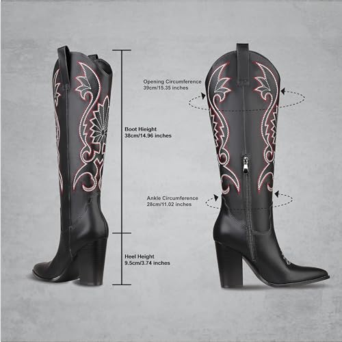 Image of VOMIRA Knee High Cowboy Boots for Women Pointed Toe Chunky High Heels Pull-on Embroidered Boots Western Boots Wide Calf Cowgirl Boots