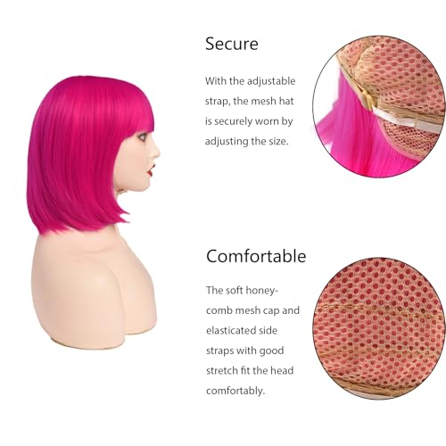 Image of Rose bud Hot Pink Bob Wig with Fringe 12 Inch Short Straight Costume Wigs for Women Cosplay Party Halloween