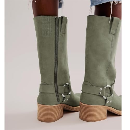 Image of Women's Knee High Riding Boots Round Toe Block Heel Fashion Motorcycle Booties Side Zipper Wide Calf Biker Riding Boots with Studs