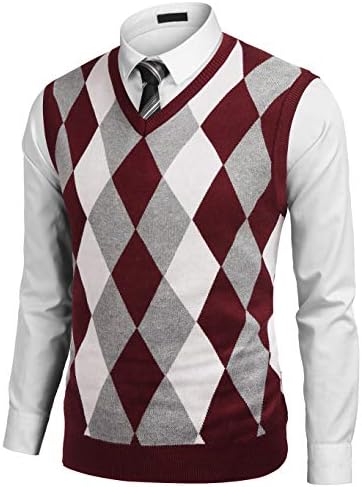 JINIDU Mens V-Neck Casual Slim Fit Golf Knit Vest Sleeveless Sweater Pullover Wine Red