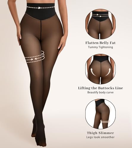 ciksob Fleece Lined Tights Women Winter Thermal Leggings Pantyhose Fake Translucent Hight Waist Thick Warm Sheer Stockings (Medium, Light Black) - image 2