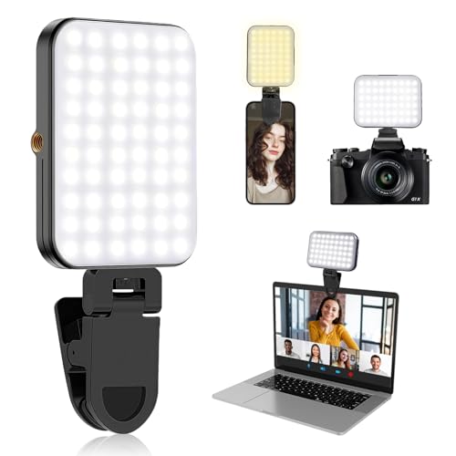 Flintronic 60 LED Luz Selfie, Luz Movil Portatil, Ajustado 3 Modos de Luz y 10 Niveles de Brillo, Clip Portátil, para Teléfono Computadora Portátil Tableta Videoconferencia Youtube TikTok Negro