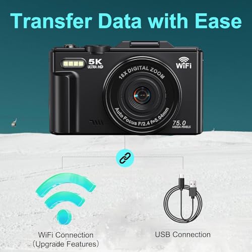 Image of Digital Cameras for Photography - 5K 75MP Vlogging Camera for YouTube WiFi - UHD Autofocus Vlog Camera 3 inch 180 Flip Screen with 18X Zoom - Travel YouTube with 32GB SD Card, 2 Batteries (CAM25)