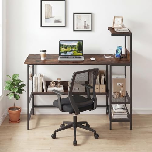 Image of Tangkula 48 inch Reversible Computer Desk with Bookshelves, Home Office Desk with Power Outlets, Hook and Storage Shelves, Writing Study Desk for Living Room, Study Room, Office (Rustic Brown)